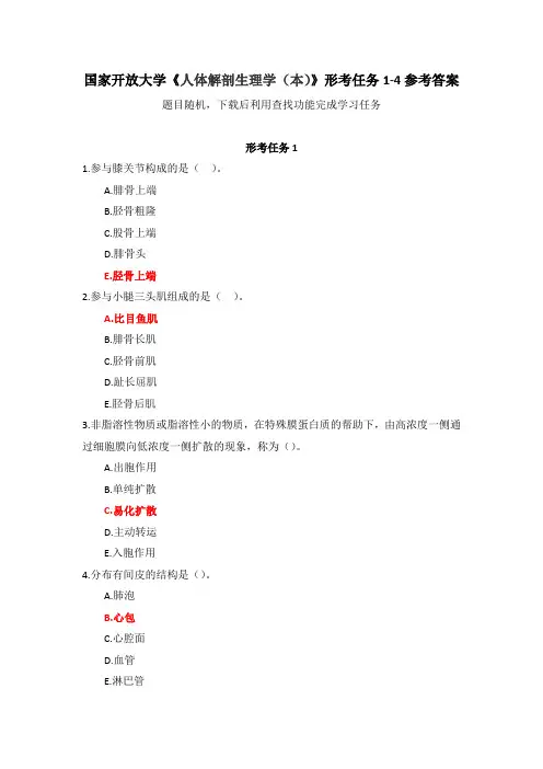 国家开放大学《人体解剖生理学(本)》形考任务1-4参考答案
