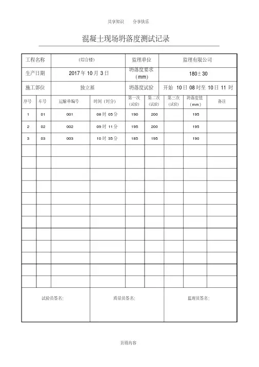 混凝土现场坍落度测试记录