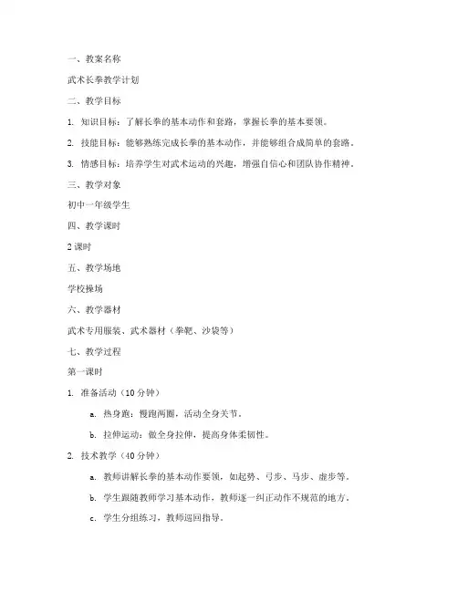 武术长拳自编教案模板范文