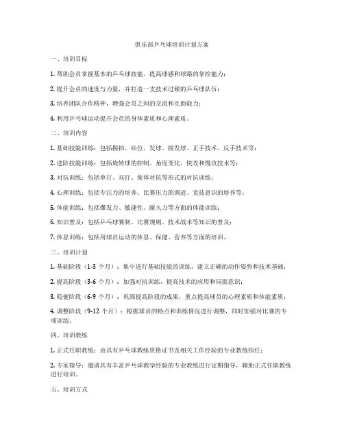 俱乐部乒乓球培训计划方案