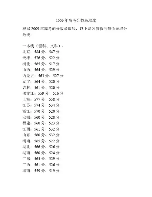 2009年高考分数录取线