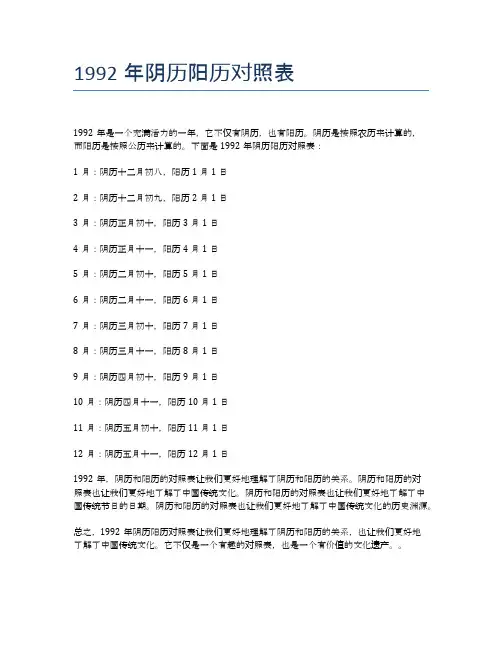 1992年阴历阳历对照表