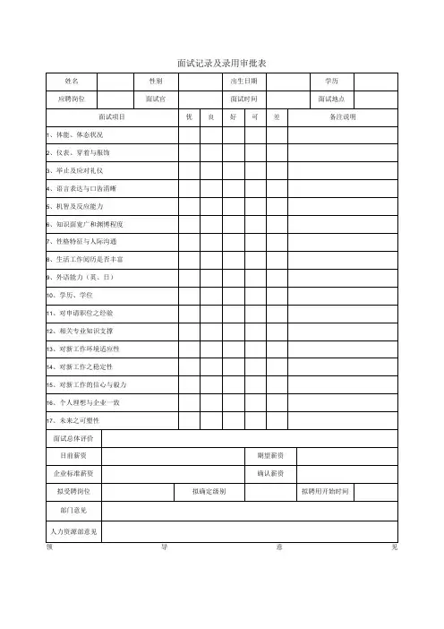 面试记录及录用审批表