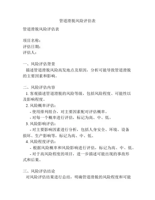 管道滑脱风险评估表