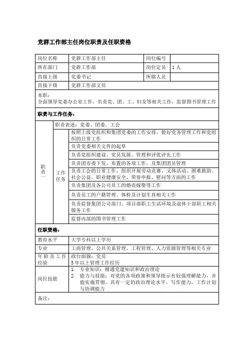 党群工作部主任岗位职责及任职资格