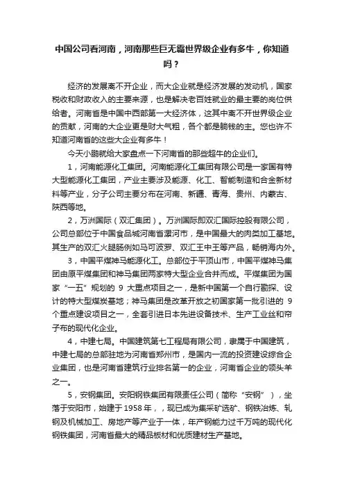 中国公司看河南，河南那些巨无霸世界级企业有多牛，你知道吗？