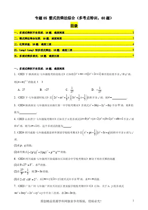 专题05 整式的乘法综合(五大题型,60题)(原卷版) 七年级数学下册