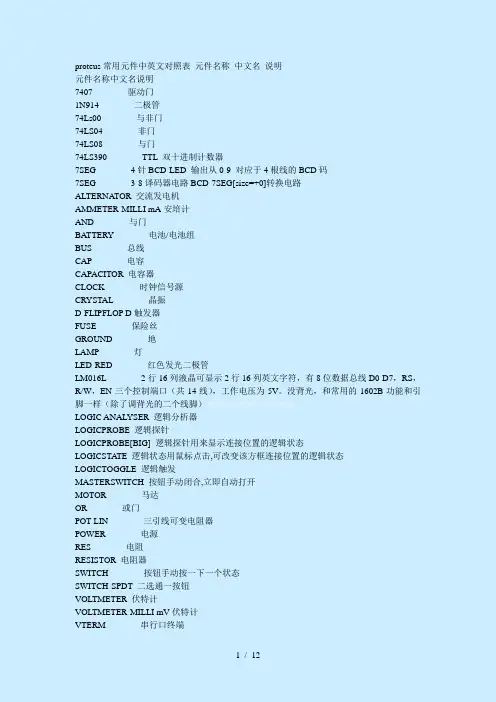 proteus常用元件中英文对照表元件名称中文名说明