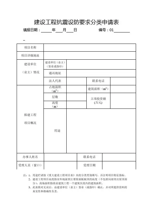 建设工程抗震设防要求分类申请表