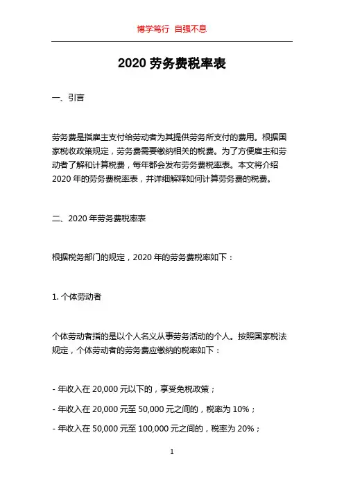 2020劳务费税率表