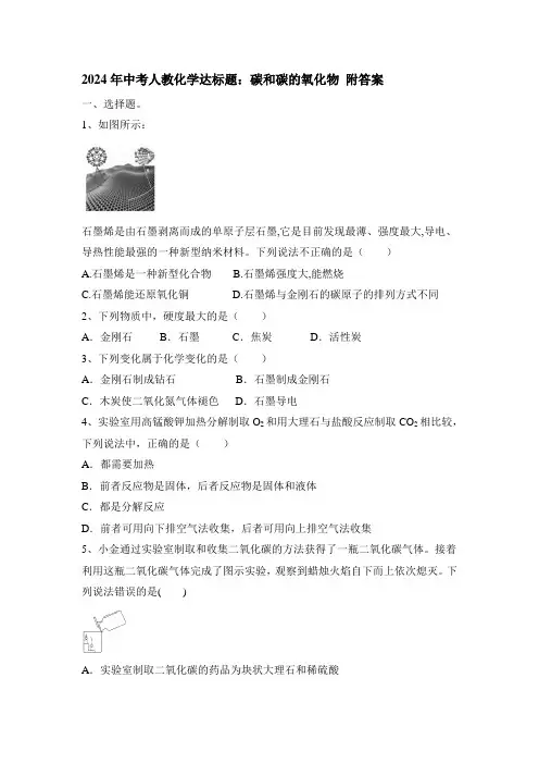 2024年中考化学达标题：碳和碳的氧化物