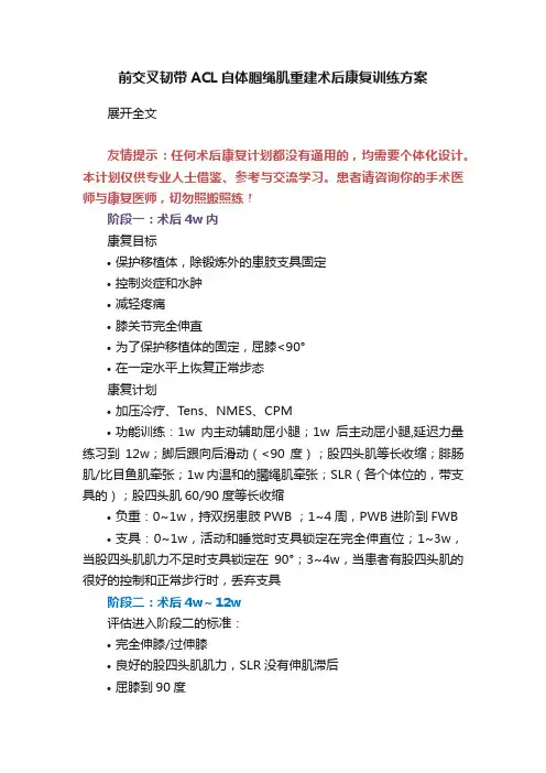 前交叉韧带ACL自体腘绳肌重建术后康复训练方案