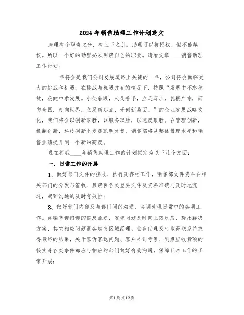 2024年销售助理工作计划范文(5篇)