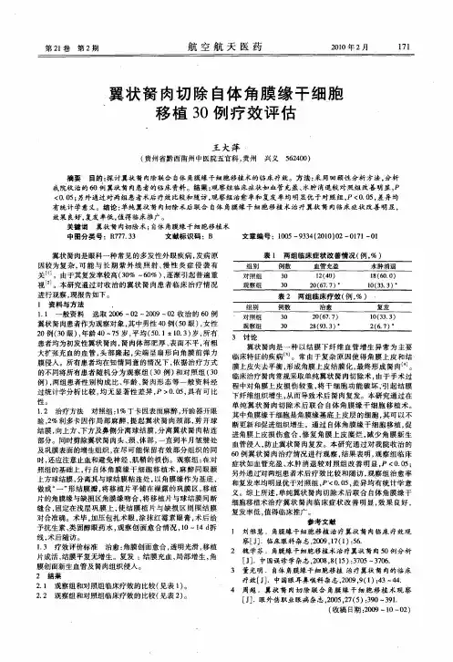 翼状胬肉切除自体角膜缘干细胞移植30例疗效评估