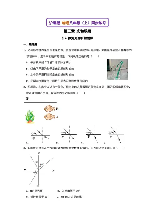 沪粤版初中物理八上3.4 探究光的折射规 同步练习沪粤版物理八年级册