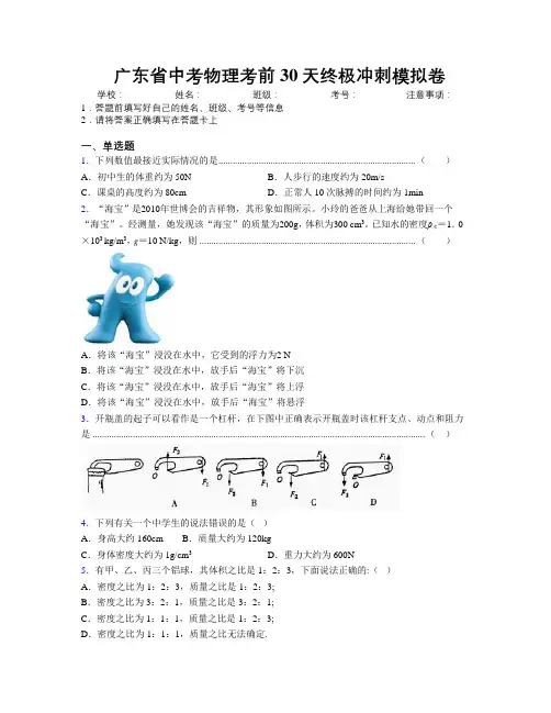 最新广东省中考物理考前30天终极冲刺模拟卷附解析