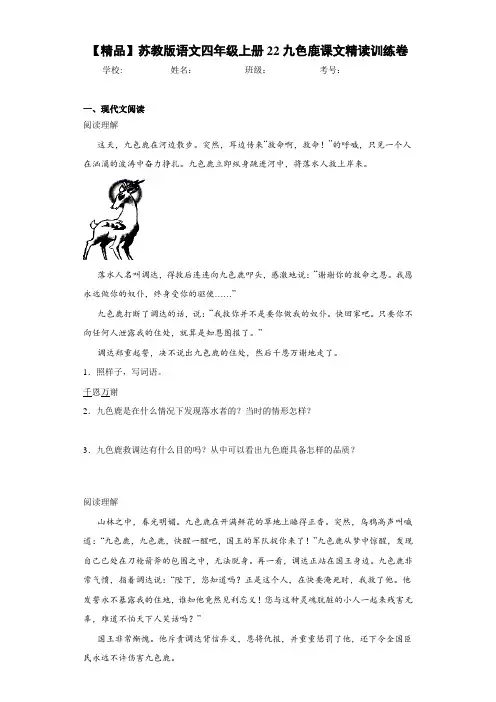 小学语文四年级上册22九色鹿课文精读训练卷(含答案解析)