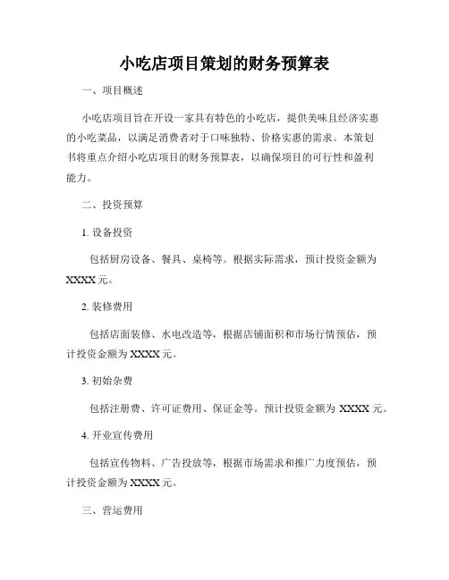 小吃店项目策划的财务预算表