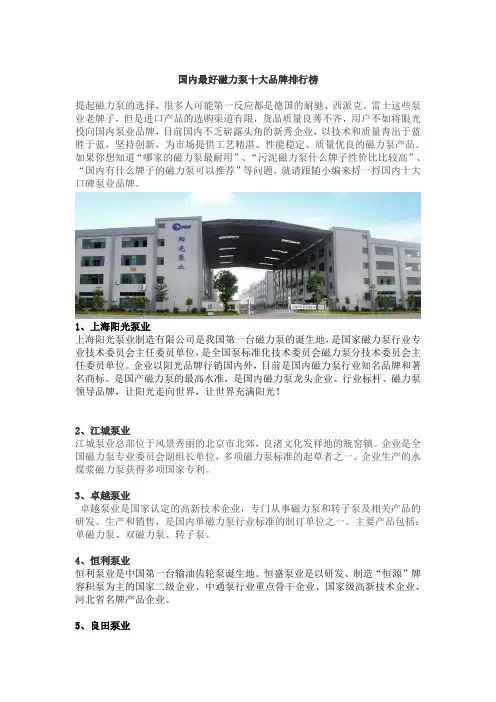 国内最好磁力泵十大品牌排行榜