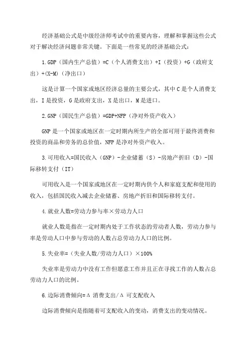 2024年中级经济师经济基础公式