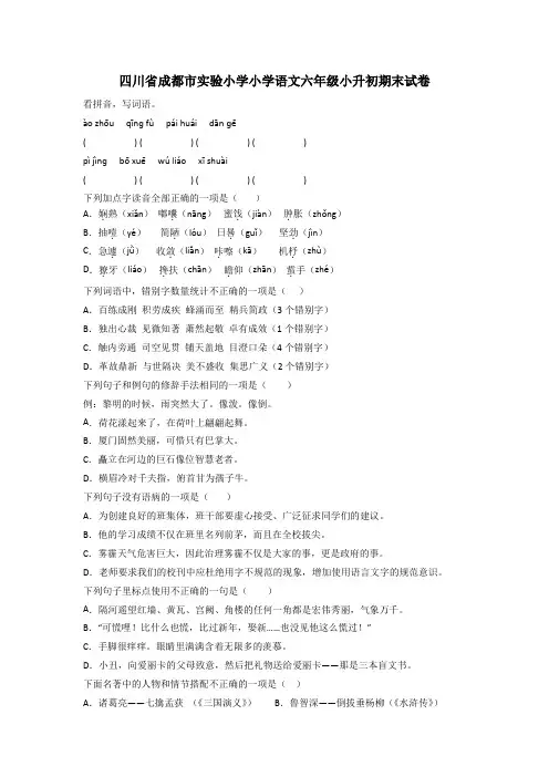 四川省成都市实验小学小学语文六年级小升初期末试卷