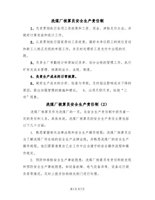 洗煤厂核算员安全生产责任制（5篇）