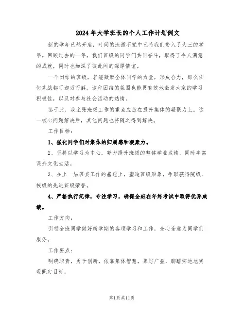 2024年大学班长的个人工作计划例文（六篇）