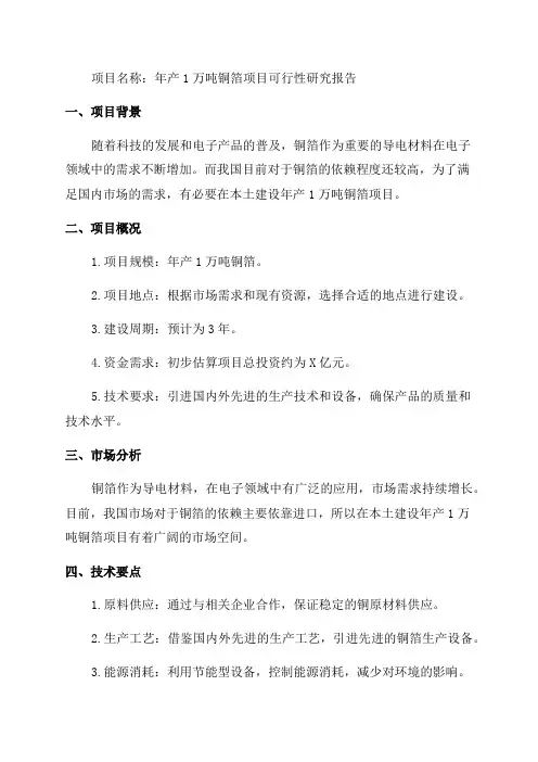 年产1万吨铜箔项目可行性研究报告完整立项报告