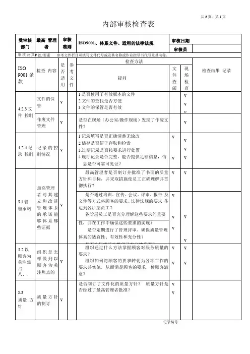 内部审核检查表最高管理者