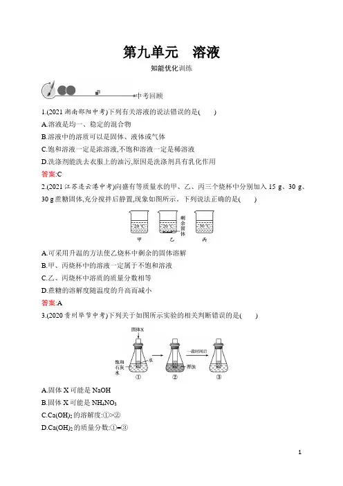人教版九年级化学中考总复习  第9单元 溶液  含答案及解析