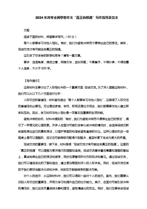 2024年高考全国甲卷作文“真正的相遇”写作指导及范文