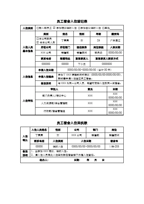 员工宿舍入住登记表