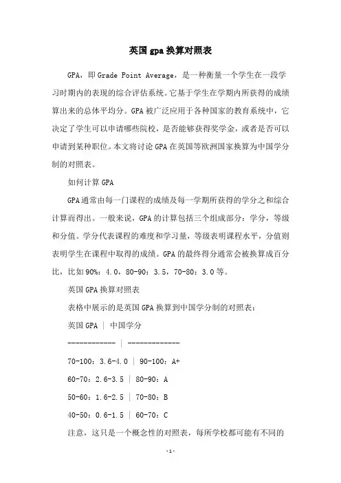 英国gpa换算对照表