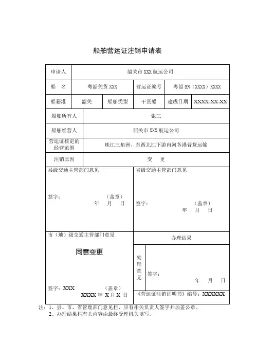 《船舶营运证注销申请表》(范例文件)