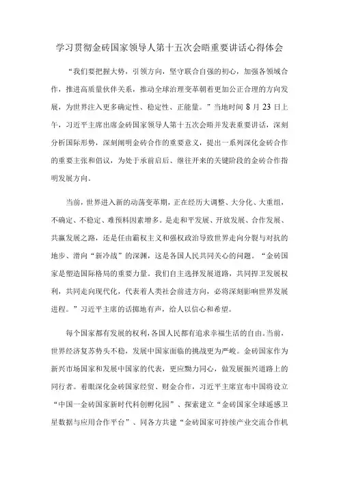 学习贯彻金砖国家领导人第十五次会晤重要讲话心得体会