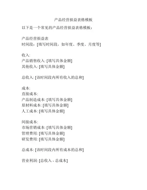产品经营损益表格模板