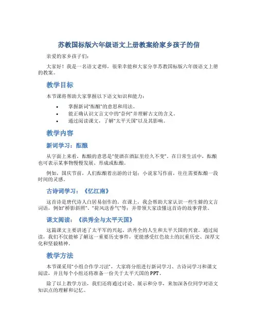 苏教国标版六年级语文上册教案给家乡孩子的信