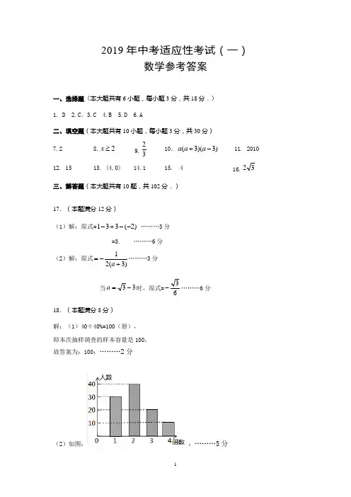2019年中考适应性考试九年级数学参考答案