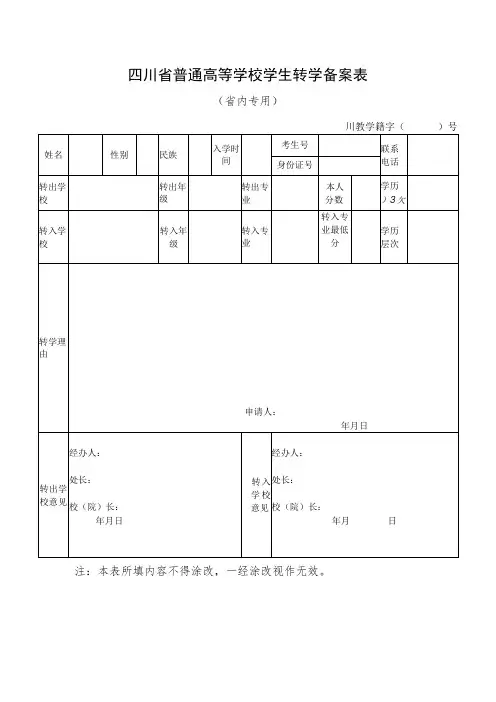 四川省普通高等学校学生转学申请(备案)表