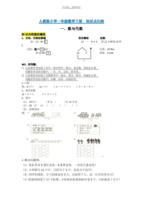 人教版小学一年级数学下册知识点总归纳(复习)