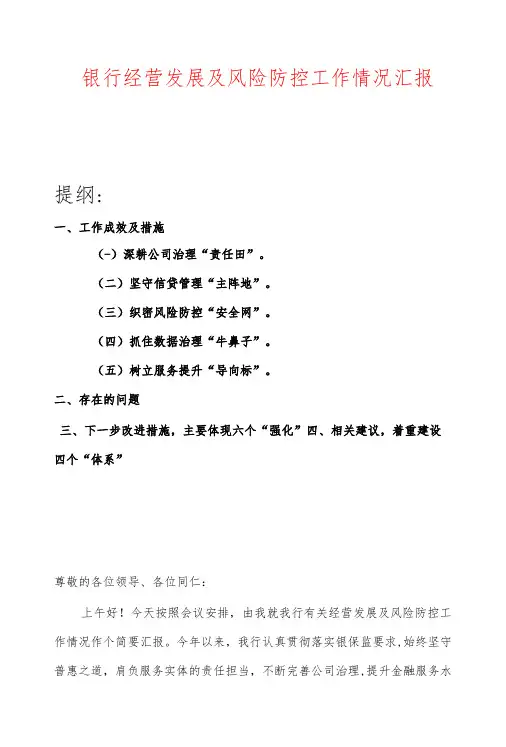 银行经营发展及风险防控工作情况汇报
