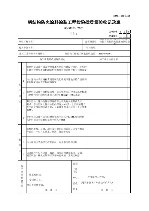 钢结构防火涂料涂装工程检验批质量验收记录表