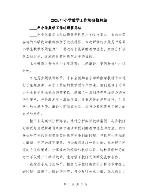 2024年小学数学工作坊研修总结