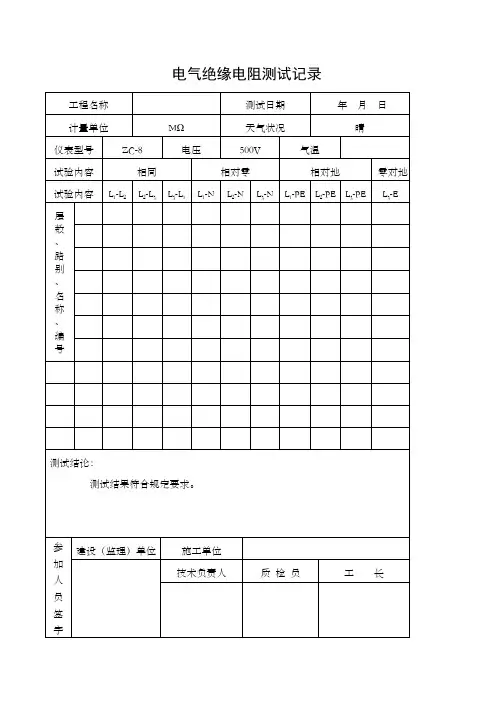 电气线路绝缘电阻测试记录