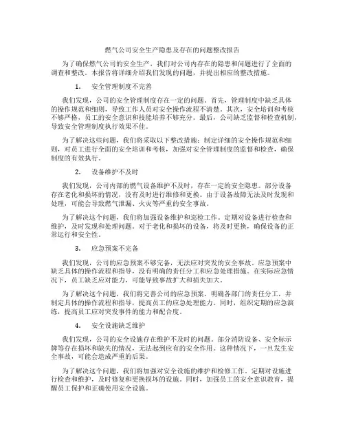 燃气公司安全生产隐患及存在的问题整改报告