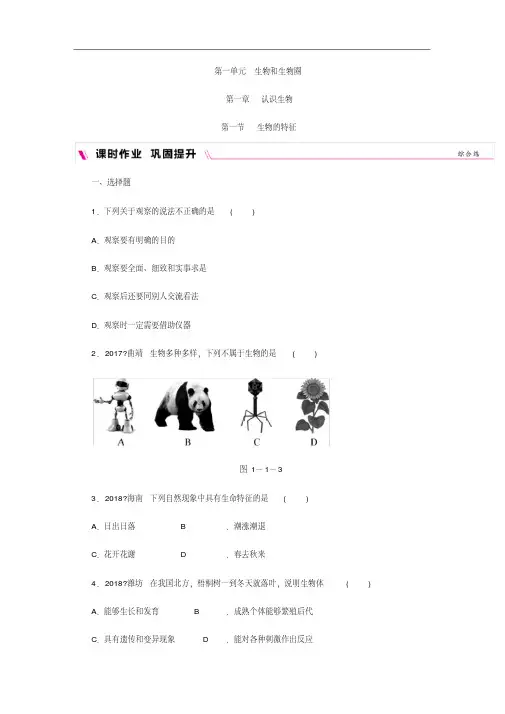 人教版生物七年级上册(课时作业)第一章认识生物1生物的特征