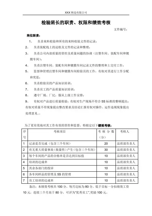 品质人员的岗位职责和绩效考核