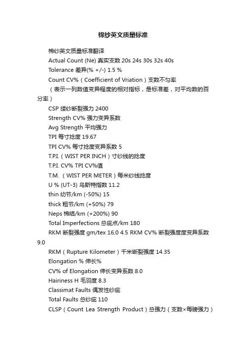 棉纱英文质量标准