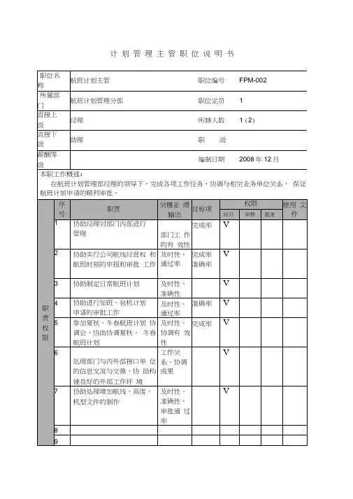 某航空物流公司计划管理主管职位说明书及关键绩效标准