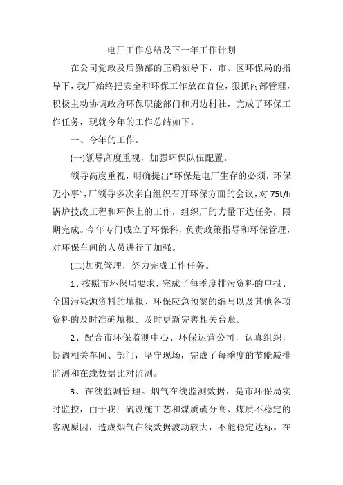 电厂工作总结及下一年工作计划